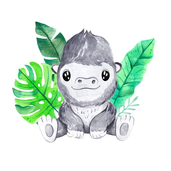 Akvarell handritad illustration med söt baby gorilla och tropiska blad. Roligt djur perfekt för tyg och textil, tapeter, bakgrunder, barn plantskola slitage design, baby shower inbjudan kort — Stockfoto