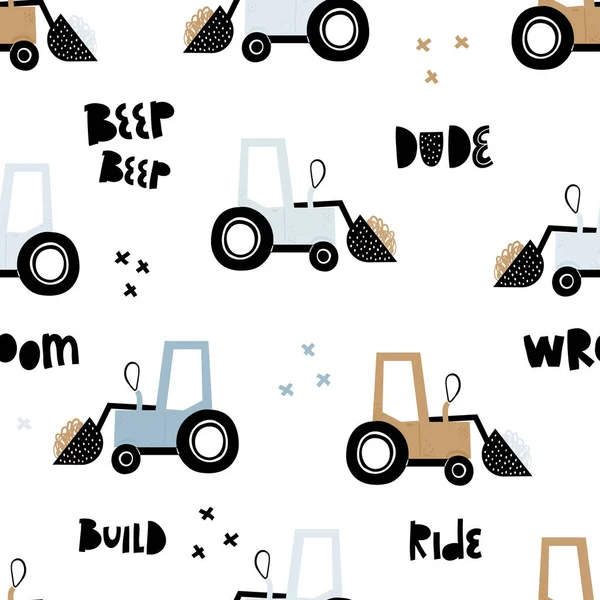 Vector handgezeichnete nahtlos wiederholte Kinder einfache Muster mit Autos im skandinavischen Stil auf weißem Hintergrund. Kids nahtlose Muster mit Baugeräten. Lustiger Baustellenverkehr — Stockvektor