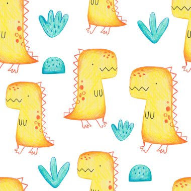 Beyaz arka planda İskandinav tarzında şirin dinozorlar ve bitkiler olan el yapımı, kusursuz çocuk desenleri. Dinozorlarla bebek deseni. Sevimli bebek hayvanlar..