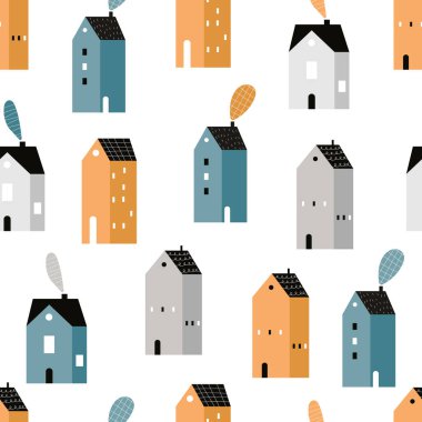 Beyaz arka planda İskandinav tarzında şirin evleri olan, el yapımı, kusursuz, çocuksu, basit desenleri tekrarlayan bir vektör. Evlerde çocuksu, pürüzsüz bir düzen. Şehre. Evler. Mimari.