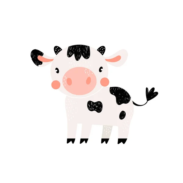 Ilustración vectorial con vaca linda sobre un fondo blanco. Vector animal divertido para la impresión del traje gráfico del bebé. Granja. Divertido animal ideal para la tela y el textil, fondos de pantalla, diseño de ropa infantil para niños. — Vector de stock