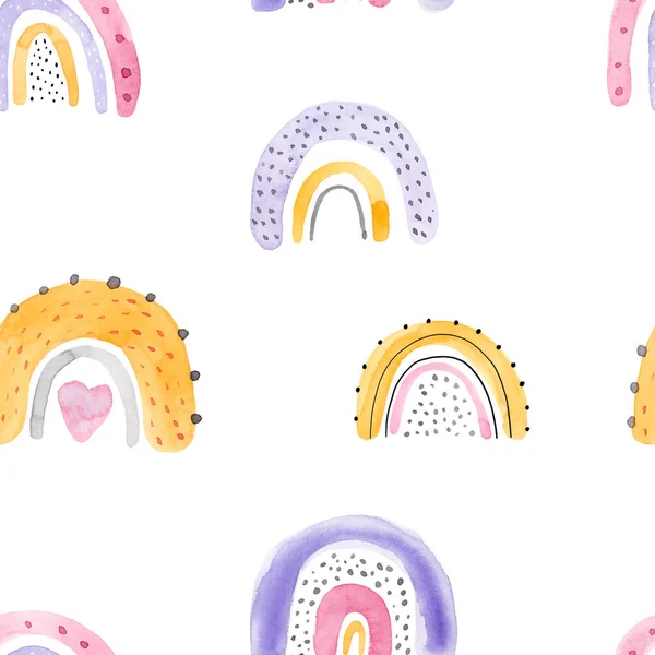 Watercolor hand-drawn color seamless childish simple pattern for kids with cute rainbows in Scandinavian style on a white background. Baby pattern with rainbows. Fabric design. Wallpaper.