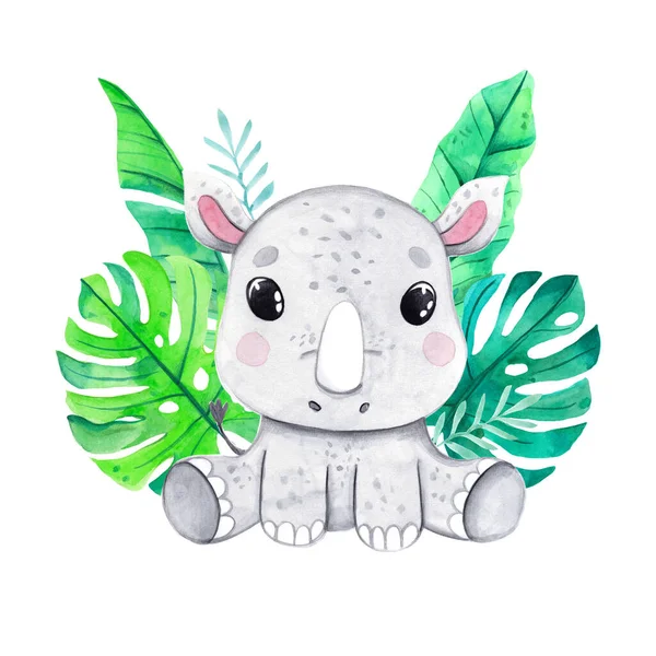Watercolor ilustração desenhada à mão com rinoceronte bebê bonito e folhas tropicais. Animal engraçado aquarela para impressão de terno gráfico de bebê. crianças berçário desgaste design de moda, bebê chuveiro convite cartão — Fotografia de Stock