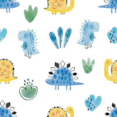 Elle çizilmiş suluboya, beyaz arka planda şirin dinozorlar ve karalamalar olan kusursuz çocuk desenleri. Dinozorlarla bebek deseni. Sevimli bebek hayvanlar..