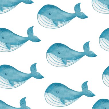 Beyaz arka planda balinalar olan suluboya şirin bir el çizimi. Çocuksu tarzda suluboya dokusu kumaş ve tekstil için harikadır, duvar kağıtları, arka planlar için. Su altında..
