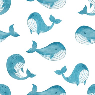 Beyaz arka planda balinalar olan suluboya şirin bir el çizimi. Çocuksu tarzda suluboya dokusu kumaş ve tekstil için harikadır, duvar kağıtları, arka planlar için. Su altında..