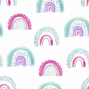 Beyaz arka planda İskandinav tarzında şirin gökkuşağı olan çocuklar için suluboya el yapımı, kusursuz, çocuksu, basit bir desen. Gökkuşaklı bebek deseni. Kumaş tasarımı. Duvar Kağıdı.