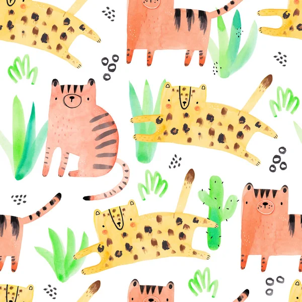 Aquarela desenhado à mão sem costura repetindo padrão infantil cor com gatos selvagens, plantas e folhas em estilo escandinavo em um fundo branco. Imprima com tigres e onças. Animais da selva. — Fotografia de Stock