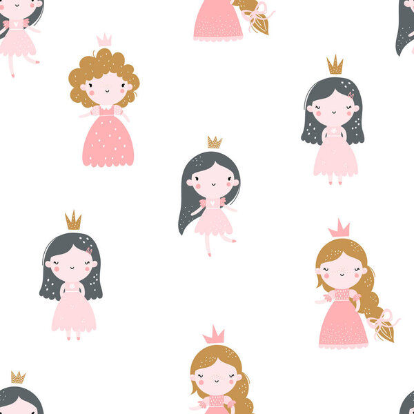 Векторные цветные векторные детские бесшовные повторяющиеся узоры с симпатичными девочками-принцессами в платье с короной на белом фоне. Творческая детская текстура для детей, обертка, текстиль, обои.