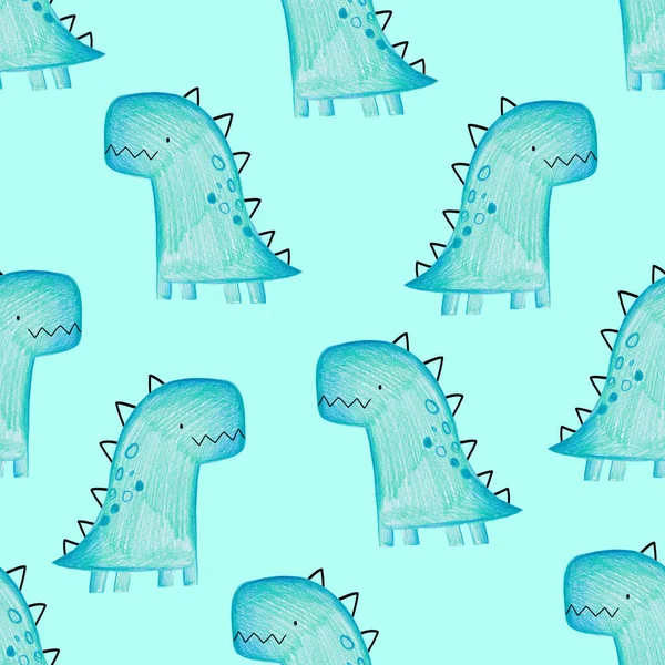 Pencil hand-drawn colored seamless repeating children pattern with cute dinosaurs in Scandinavian style on a white background. Baby pattern with dinosaurs. Cute baby animals.