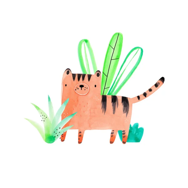 Watercolor hand-drawn cor crianças ilustração, cartaz, imprimir com um tigre engraçado bonito e plantas tropicais estilo escandinavo em um fundo branco. Bonitos animais bebés. Gato selvagem. — Fotografia de Stock