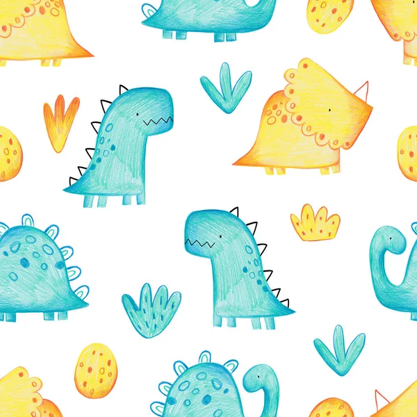 Beyaz arka planda İskandinav tarzında karalamalar ve sevimli dinozorlar olan el yapımı, kusursuz çocuk desenleri. Dinozorlarla bebek deseni. Sevimli bebek hayvanlar..