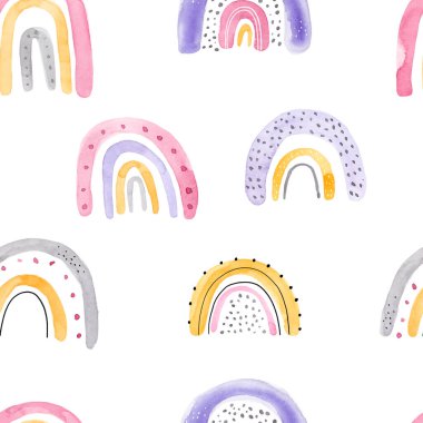 Beyaz arka planda İskandinav tarzında şirin gökkuşağı olan çocuklar için suluboya el yapımı, kusursuz, çocuksu, basit bir desen. Gökkuşaklı bebek deseni. Kumaş tasarımı. Duvar Kağıdı.