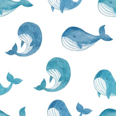 Beyaz arka planda balinalar olan suluboya şirin bir el çizimi. Çocuksu tarzda suluboya dokusu kumaş ve tekstil için harikadır, duvar kağıtları, arka planlar için. Su altında..