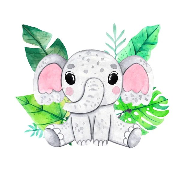 Watercolor hand-drawn illustration with cute baby elephant and tropical leaves. Watercolor funny animal for baby graphic suit printing. Kids nursery wear fashion design, baby shower invitation card — Stockfoto