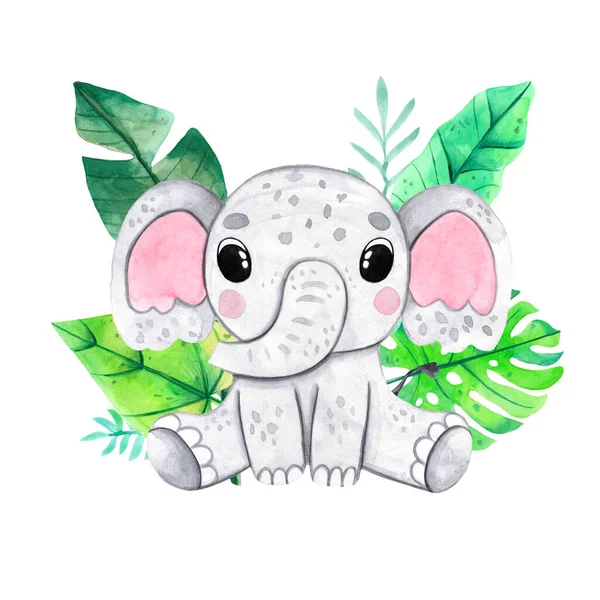 Watercolor hand-drawn illustration with cute baby elephant and tropical leaves. Watercolor funny animal for baby graphic suit printing. Kids nursery wear fashion design, baby shower invitation card