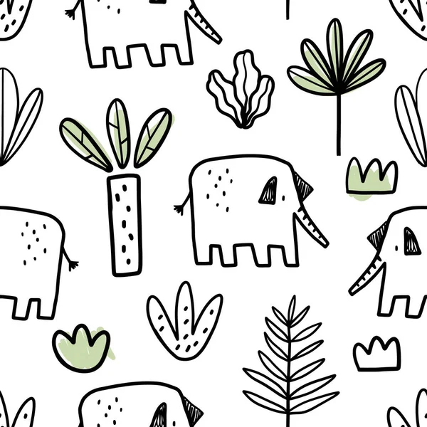 Vektor gambar tangan kekanak-kanakan dengan mulus mengulangi pola datar sederhana dengan gajah, tanaman dan corat-coret dalam gaya Skandinavia pada latar belakang putih. Bayi binatang yang lucu. Pola anak-anak. - Stok Vektor