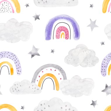 Suluboya, İskandinav tarzında beyaz bir arka planda şirin gökkuşağı, yıldız ve bulutlara sahip çocuklar için elle çizilmiş renksiz çocuksu desen. Gökkuşaklı bebek deseni. Kumaş tasarımı.