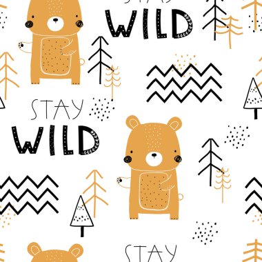 Elle çizilmiş, şirin ayılar, ağaçlar ve beyaz arka planda harflerle tekrar eden, kusursuz desenli vektör renkli çocuklar. Yaratıcı çocukların kumaş, ambalaj, tekstil, duvar kâğıdı, giysi için orman dokusu.