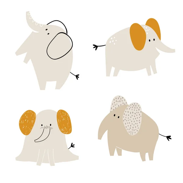 Векторные цветные детские иллюстрации на белом фоне со смешными милыми слонами в скандинавском стиле. Милые детеныши. Африканские животные. Сафари. — стоковый вектор