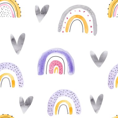 Suluboya, İskandinav tarzında beyaz bir arka planda şirin gökkuşağı ve kalbi olan çocuklar için kusursuz, çocuksu, basit bir desen. Gökkuşaklı bebek deseni. Kumaş tasarımı. Duvar Kağıdı.