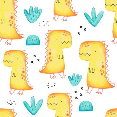 Beyaz arka planda İskandinav tarzında şirin dinozorlar ve bitkiler olan el yapımı, kusursuz çocuk desenleri. Dinozorlarla bebek deseni. Sevimli bebek hayvanlar..