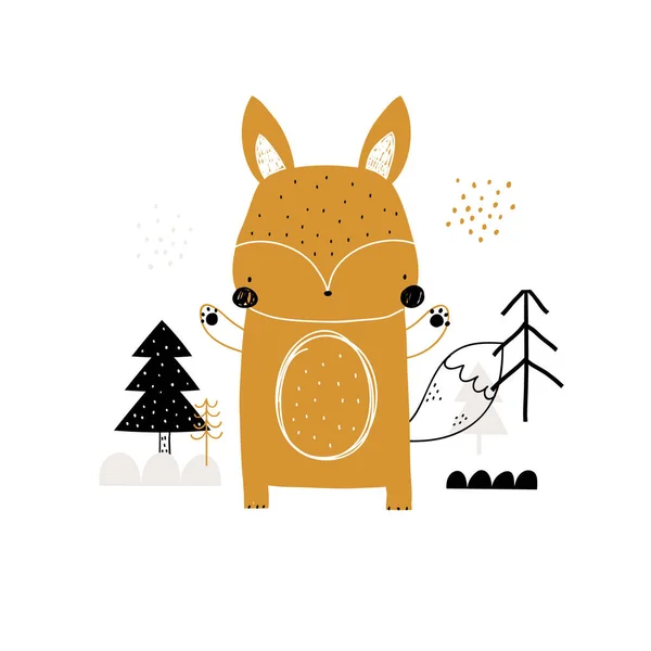 Vektor ručně kreslené barevné dětské ilustrace s roztomilé lišky a stromy na bílém pozadí. Tvůrčí skandinávský průkaz, plakát, tisk pro děti. Roztomilá zvířata. — Stockový vektor