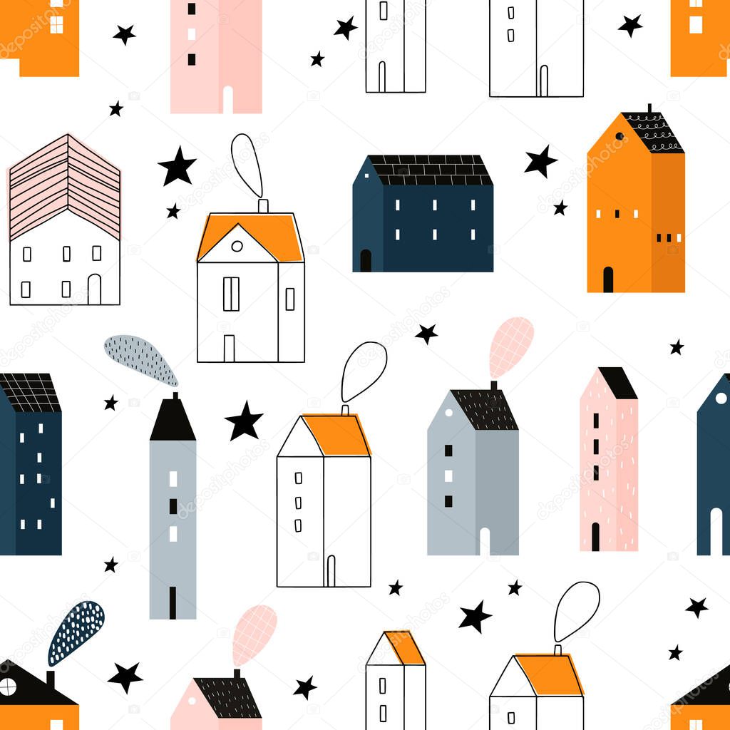 Vector hand-drawn colored seamless repeating childish simple pattern with cute houses and stars in Scandinavian style on a white background. City. Houses. Architecture.