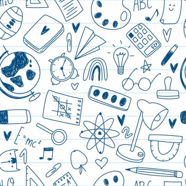 Tekstil kumaş tasarımı, ambalaj kağıdı ve web sitesi duvar kağıtları için kusursuz vektör modeline geri dönüyoruz. Okul gereçleri ve yaratıcı unsurlarla komik, pürüzsüz bir düzen. Kalem çizimi arka planı.