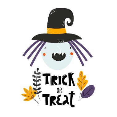 Şaka mı şeker mi harfleri mi? Şapkalı sevimli gülümseyen cadı. Mutlu Cadılar Bayramı. Vektör karikatür ürkütücü karakter. Kutlama kartı için vektör tasarımı ve mevsimlik sonbahar tatili davetiyesi, Cadılar Bayramı.