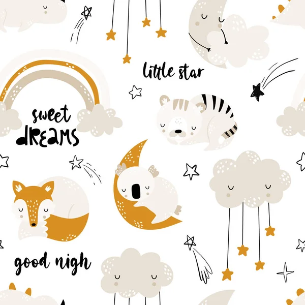 Zökkenőmentes gyerekek kézzel rajzolt mintát aranyos alvó állatok, felhők, szivárvány, hold és csillagok. Kreatív trendi gyerekek textúra szövet, csomagolás, textil, tapéta, ruházat. Vektorillusztráció — Stock Vector
