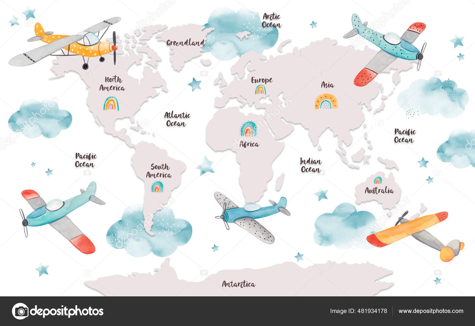 Carte Du Monde Pour Les Enfants Avec De Jolis Avions De Dessin Anime Nuages Et Arcs