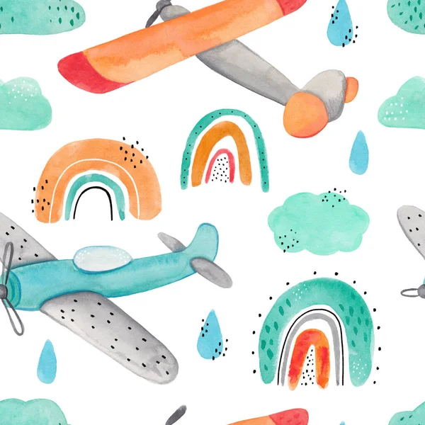 Watercolor cute hand-drawn seamless children simple pattern with aircraft, rainbows, clouds and drops on a white background. Kids seamless pattern with planes. Funny airplanes. Trendy background.