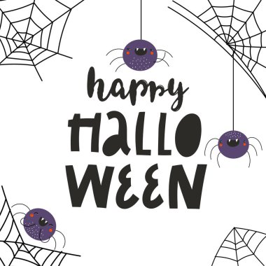 Mutlu Cadılar Bayramı mektupları. Şirin örümcekler ve örümcek ağları olan tebrik kartı, bayram kartı için cadılar bayramı tasarımı mevsimsel sonbahar tatili davetiyesi, cadılar bayramı. Vektör karikatür ürkütücü karakter.