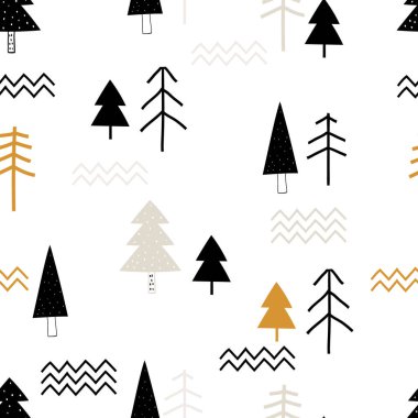Beyaz bir arka planda güzel noel ağaçları karalayan vektörsüz desen. Şirin İskandinav orman geçmişi. Doğa. Manzara. Kumaş, ambalaj, tekstil, duvar kağıdı için yaratıcı çocuk dokusu.