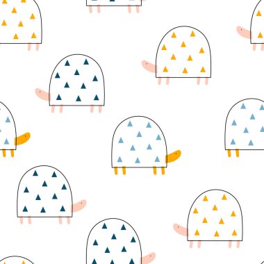 Beyaz arka planda İskandinav tarzında şirin karalama kaplumbağaları olan el yapımı, kusursuz çocuksu desenler. Kumaş, ambalaj, tekstil, duvar kağıdı, giysi için çocuk dokusu.