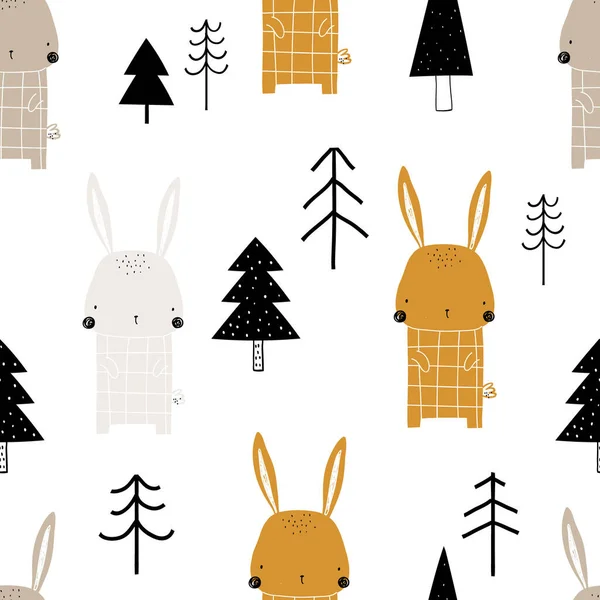 Векторные цветные векторные детские бесшовные повторяющиеся рисунки с милыми кроликами и рождественскими деревьями на белом фоне. Творческая детская лесная текстура для детей, обертка, текстиль, обои, фель. — стоковый вектор