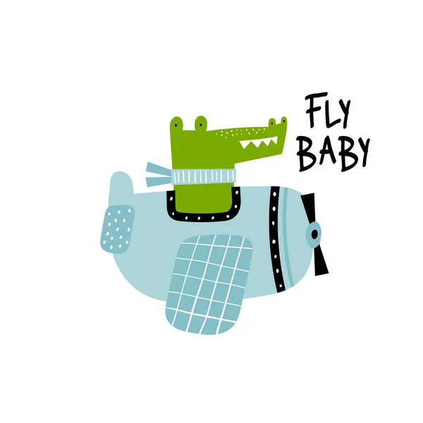 Vector met de hand getekend illustratie van een schattige grappige krokodil vliegen in een vliegtuig en tekst. Dierlijke piloten. Vlieg baby belettering. Wenskaart, afdruk, affiche ontwerp voor kinderen. Trendy Scandinavische karakter. — Stockvector