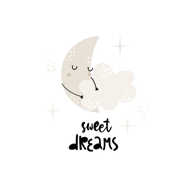 Ilustración de dibujos animados de vector infantil con linda luna, nube y texto dibujado a mano. Dulces sueños.La luna abraza la nube. Ideal para póster, decoración de habitaciones para niños, tarjetas, invitaciones, impresiones.. — Vector de stock