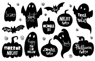 Cadılar Bayramı 'nda siluetler ve harflerle çizilmiş vektör eli. Uçan hayalet ruhu, balkabağım. Mutlu Cadılar Bayramı. Kutlama kartı için vektör tasarımı ve mevsimlik sonbahar tatili davetiyesi, Cadılar Bayramı.