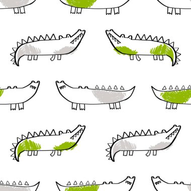 Beyaz arka planda sevimli timsah desenli, el yapımı, kusursuz çocuksu bir şekil. Kumaş, ambalaj, tekstil, duvar kağıdı ve giysi için çocuk dokusu. Timsah. Görüntü.