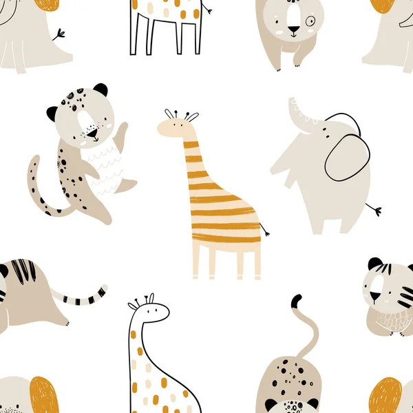 Padrão infantil sem costura desenhado à mão vetorial com animais africanos bonitos em um fundo branco. Girafa, tigre, elefante. Textura para crianças para tecido, embalagem, têxtil, papel de parede. Projeto escandinavo. —  Vetores de Stock