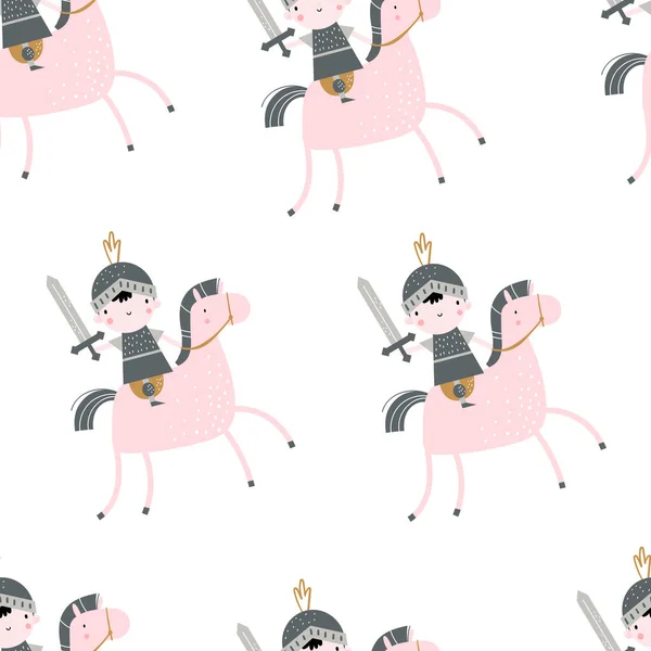 Modello ripetuto senza cuciture per bambini colorati disegnati a mano vettoriale con grazioso cavaliere a cavallo su uno sfondo bianco. Tessuto creativo per bambini per tessuto, avvolgimento, tessile, carta da parati. — Vettoriale Stock
