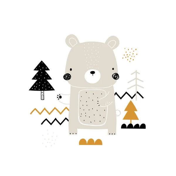 Vector dibujado a mano coloridos niños ilustración con oso lindo y árboles sobre un fondo blanco. Tarjeta de bosque escandinavo creativo, cartel, impresión para niños. Animales lindos. Personaje de moda para niños. — Vector de stock