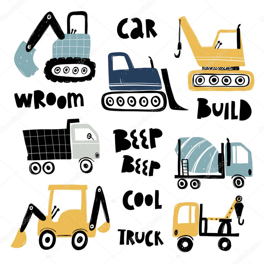 Vector hand-drawn color childrens set with illustration, poster, print with a cute trucks and lettering in Scandinavian style on a white background. Building equipment. Funny construction transport.