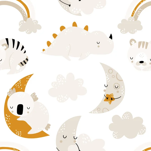 Patrón dibujado a mano sin costuras para niños con lindos animales dormidos, nubes y lunas. Textura creativa de moda para niños para tela, envoltura, textiles, papel pintado, ropa. Ilustración vectorial — Archivo Imágenes Vectoriales