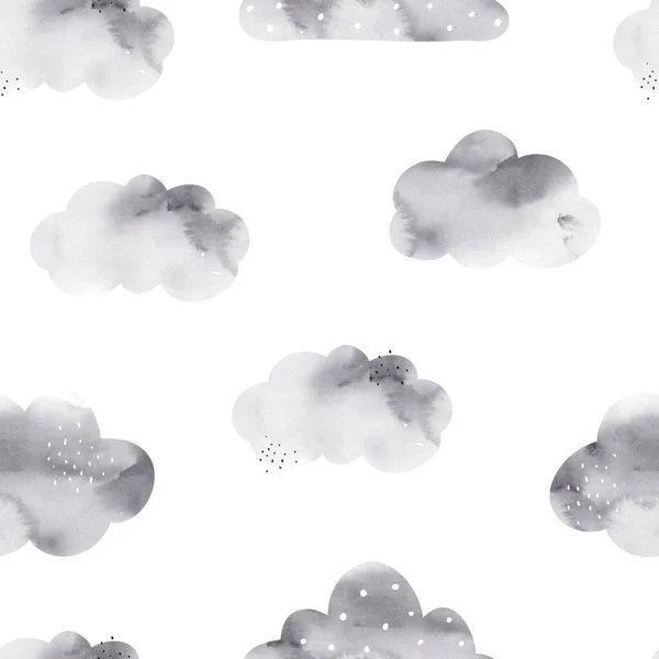Watercolor hand-drawn seamless childish simple pattern for kids with cute clouds in Scandinavian style on a white background. Baby pattern with clouds. Sky. Fabric design. Wallpaper.