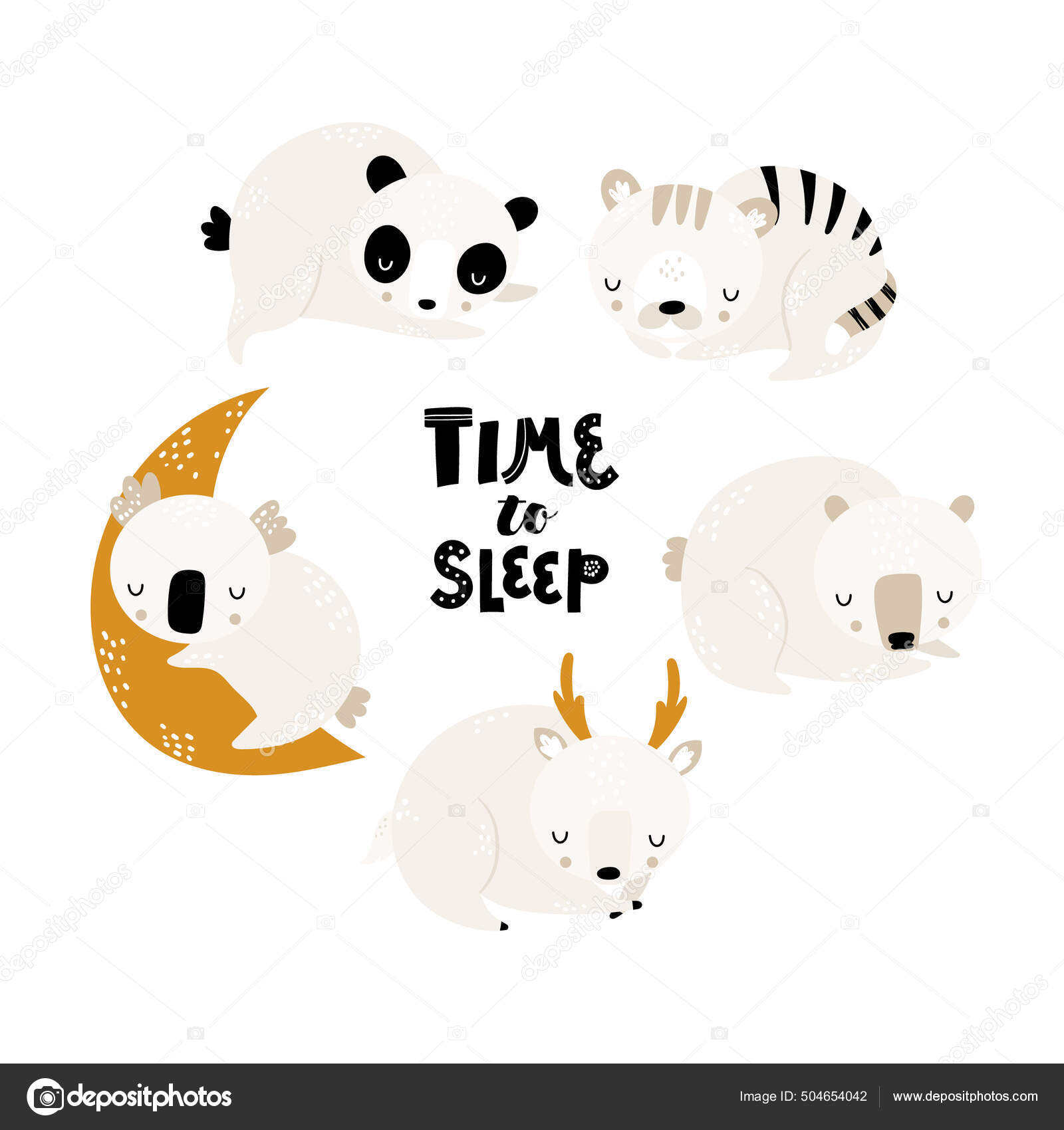 Child vector set with cute sleeping animals. Panda, koala, tiger, deer,  bear. Funny animal for baby graphic suit printing. Creative kids prints for  fabric,textile,wallpaper, apparel, greeting card. Stock Vector Image by  ©ZHUKO #