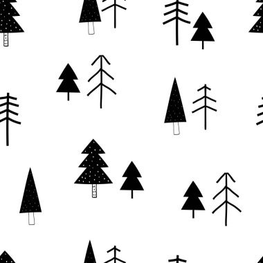 Beyaz bir arka planda güzel noel ağaçları karalayan vektörsüz desen. Şirin İskandinav orman geçmişi. Doğa. Manzara. Kumaş, ambalaj, tekstil, duvar kağıdı için yaratıcı çocuk dokusu.