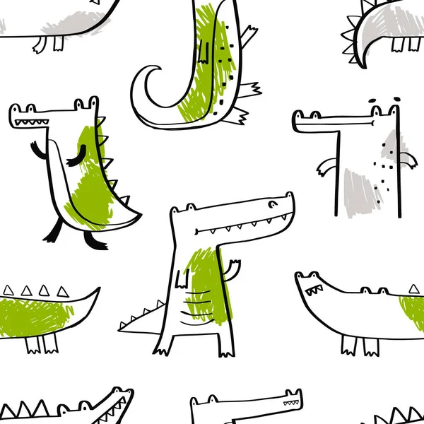 Vetor desenhado à mão sem costura padrão infantil com crocodilo bonito em um fundo branco. Textura para crianças para tecido, embalagem, têxtil, papel de parede, vestuário. Jacaré. Ilustração. —  Vetores de Stock